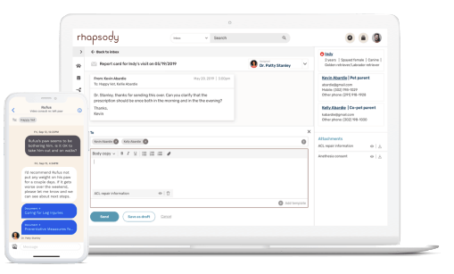 rhapsody on mobile and laptop showing chat functionality with customers