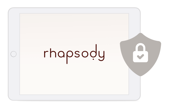 rhapsody logo on tablet with encryption icon